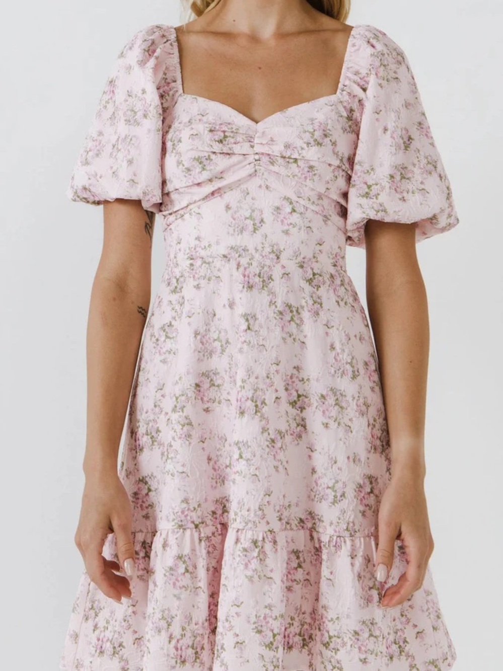 English Factory M Pink Floral Puff-Sleeve Mini Dress